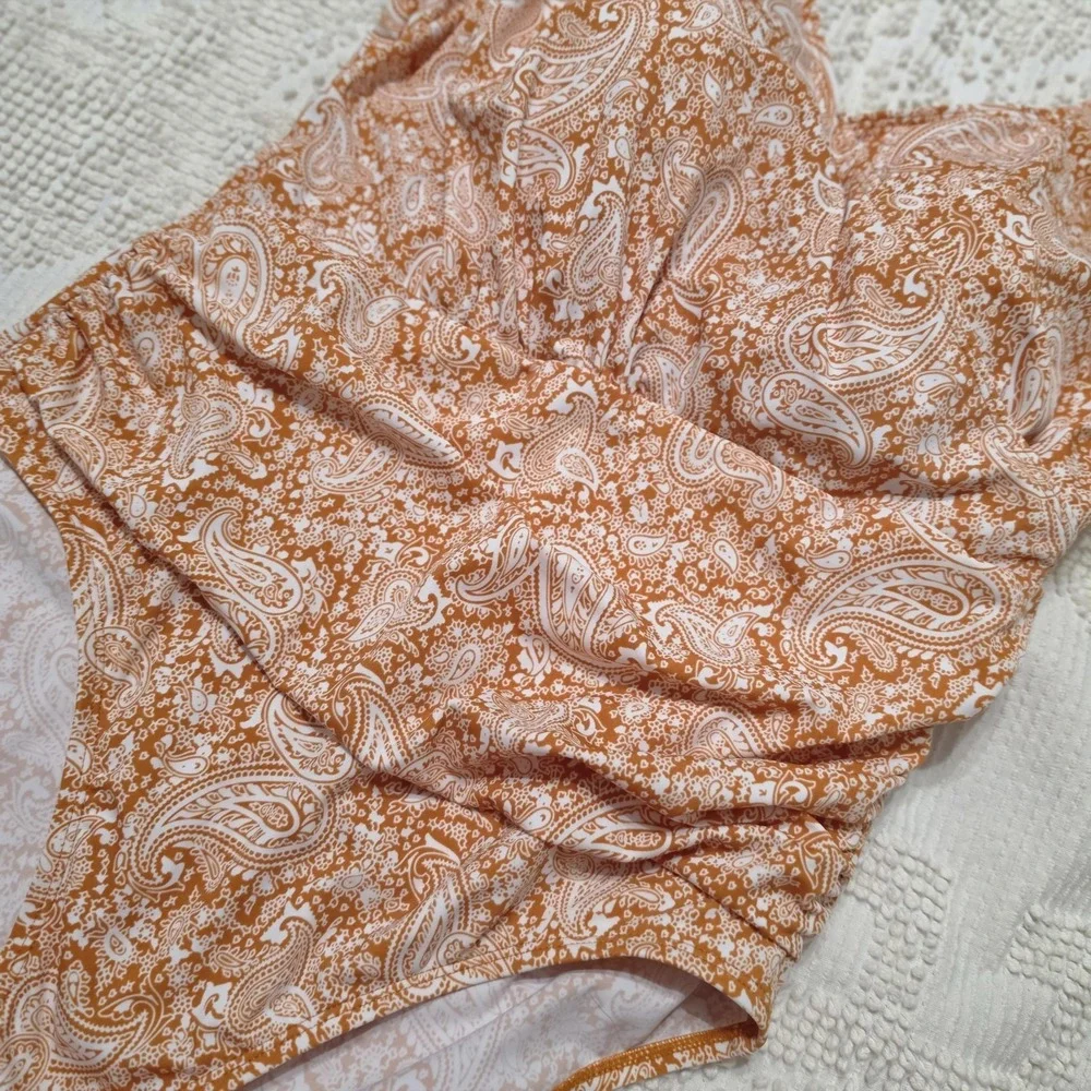 Denim & Co. Womens Beach Surplice One-Piece with Ruching Desert Paisley‎ Size 16